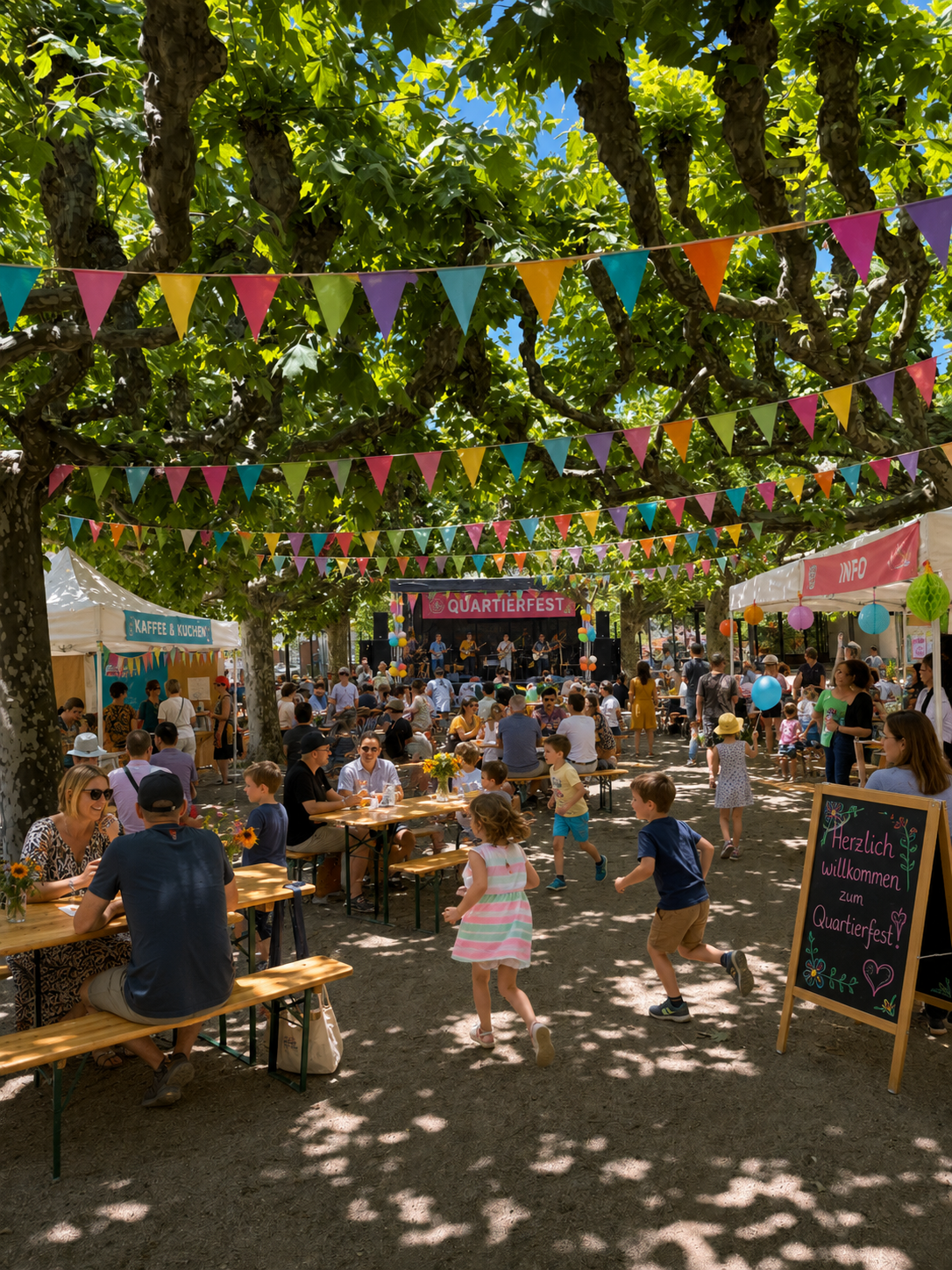 Quartierfest unter Platanen mit Wimpelketten, Bierbänken und Bühne